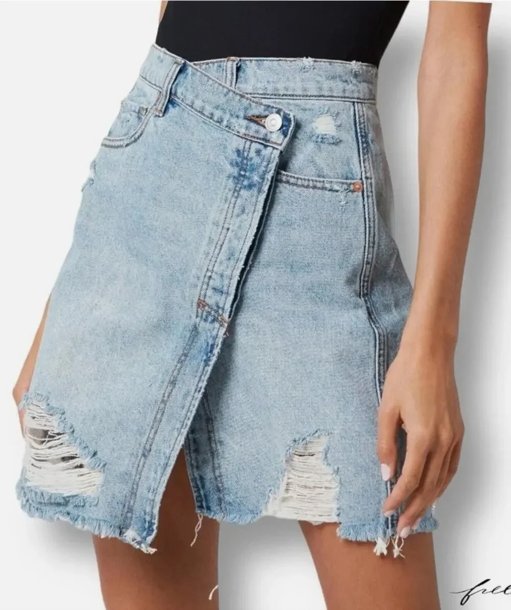 Free People Parker Wrap Distressed Denim Mini Skirt Blue Light Wash sz. 25
